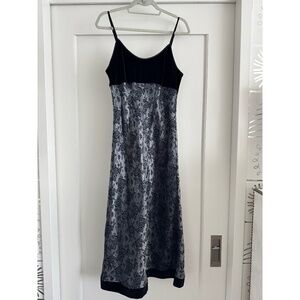 Vintage Jones NY Metallic Floral Velvet Trim Midi Dress Black Silver Large